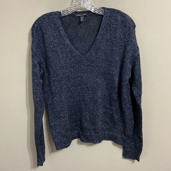 𝅺EILEEN Fisher Sz XS V-Neck Sweater Pullover Shimmer Linen Knit Blue Silver - Picture 2 of 6